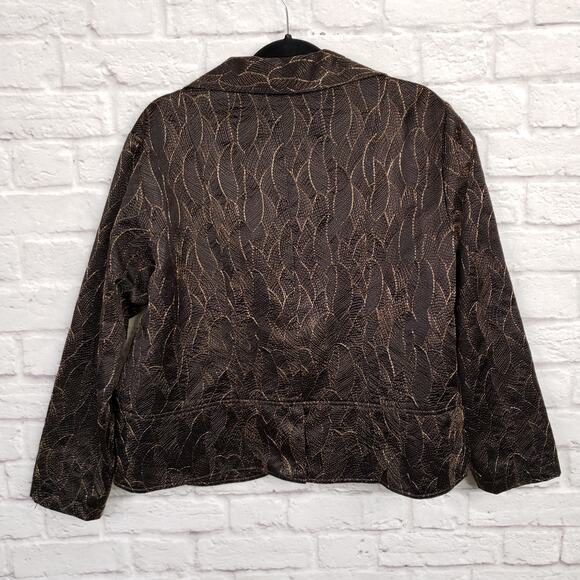 Chico's Size 3 Black & Metallic Bronze Embroidered Leaf Open Jacket Size XL 16 - Picture 6 of 10